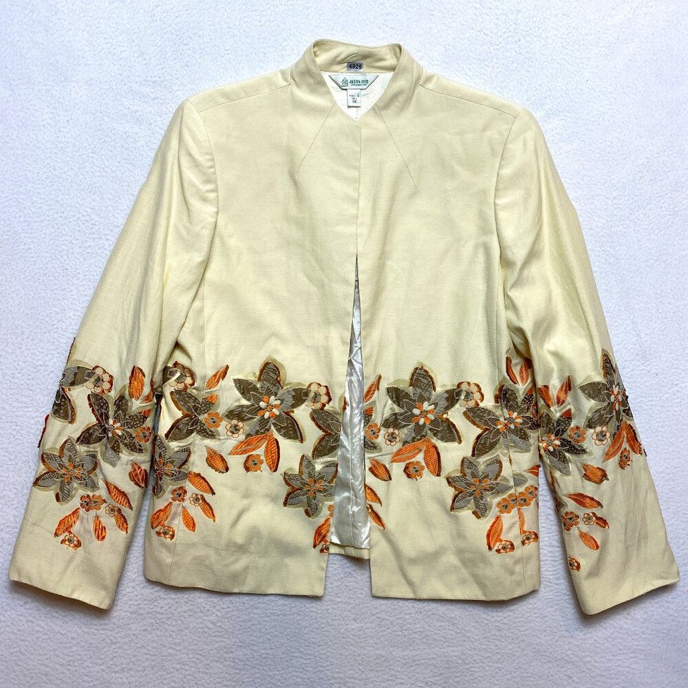 Austin Reed Embroidered Blazer Women's 14 Beige Floral Open Front Lined Jacket